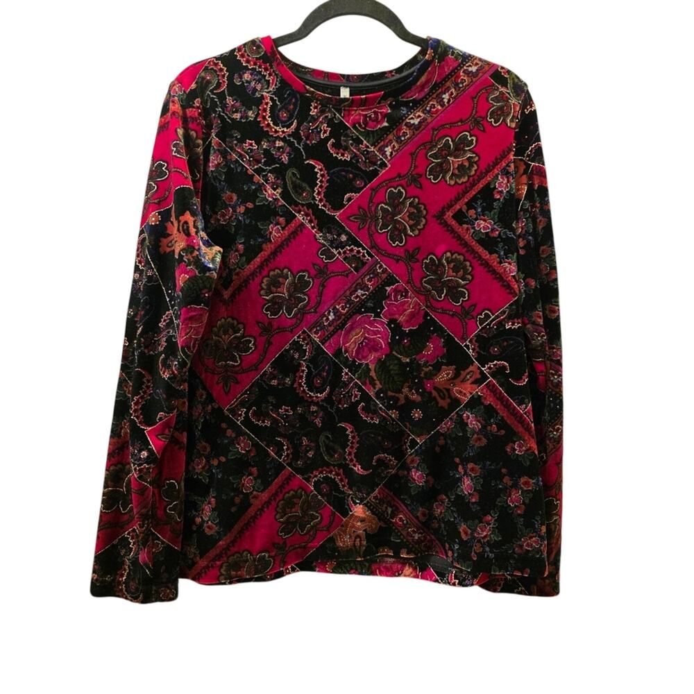 Vtg Floral Velvet Patchwork Womens Long Sleeve Shirt Dark Romantic Witchy Gothic